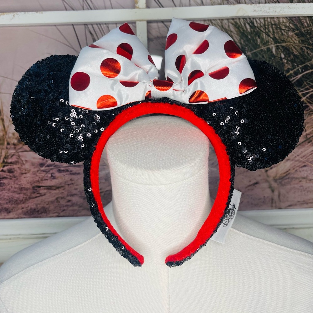 Disney Black Sequin Headband with Red Bow